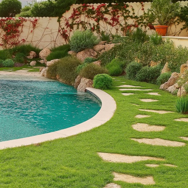 Aménagement paysager autour d’une piscine avec intégration végétale et cheminement minéral au Cap d’Antibes